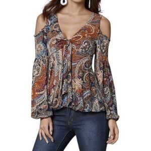 Venus Cold Shoulder Blouse Paisley Multicolor Casual Stretch Long Sleeve Plus 3X
